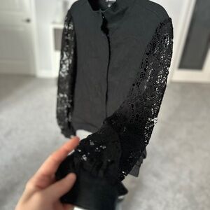 INC International Concepts Black Bomber Jacket with Lace Sleeves